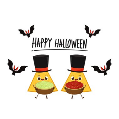 Nacho karakter tasarımı. Beyaz arka planda cips. Sos kabı vektörü. Mutlu Cadılar Bayramı.