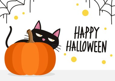 Cadılar Bayramı poster tasarımı. Mutlu Cadılar Bayramı duvar kağıtları. Kara kedi çizgi filmi..