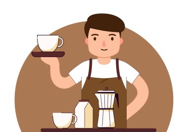 Barista Kahve Hazırlama Siparişi. Kahve vektörü. Beyaz arka planda kahve fincanı ve kahve fincanı. Barista çizgi filmi..