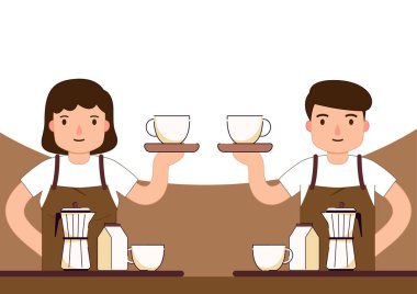 Barista Kahve Hazırlama Siparişi. Kahve vektörü. Beyaz arka planda kahve fincanı ve kahve fincanı. Barista çizgi filmi..