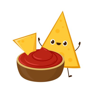 Nacho karakter tasarımı. Beyaz arka planda cips. sos kabı vektörü.