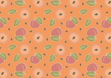 Şeftali vektörü. Şeftali desenli duvar kağıdı. Şeftali çizgi film vektörü.
