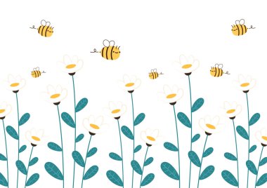 Arı ve çiçek taşıyıcısı. Arı çizgi filmi. karakter tasarımı. beyaz çiçek vektörü.