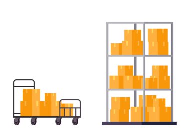 Araba vektörü. El arabası. Duvar kağıdı. Metin için boş alan. raf vektöründe paket kutusu.