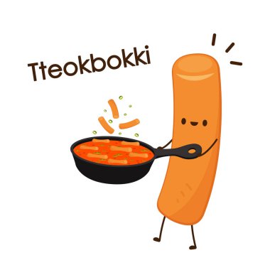 Tteokbokki noodle vektörü. Tteokbokki karakter tasarımı. Baharatlı pirinç keki..