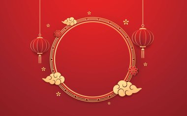 Mutlu Çin Yeni Yılı 2026. Çin yeni yıl afişi. Tebrik kartı. Kırmızı zemin üzerinde fener bulunan Çin çerçevesi.