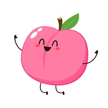 Şeftali çizgi film vektörü. Yaprak ikonlu şeftali. Beyaz arkaplanda kalp şeklinde şeftali meyveleri var. Çiftlik, doğal yiyecek, taze meyve..