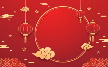 Mutlu Çin Yeni Yılı 2025. Çin yeni yıl afişi. Tebrik kartı. Kırmızı zemin üzerinde fener bulunan Çin çerçevesi.