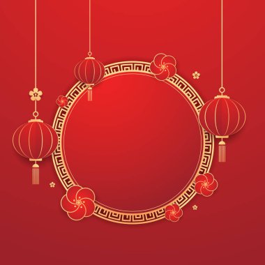 Mutlu Çin Yeni Yılı 2025. Çin yeni yıl afişi. Tebrik kartı. Kırmızı zemin üzerinde fener bulunan Çin çerçevesi.