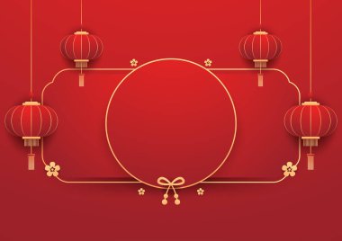 Mutlu Çin Yeni Yılı 2025. Çin yeni yıl afişi. Tebrik kartı. Kırmızı zemin üzerinde fener bulunan Çin çerçevesi.