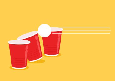 Kırmızı bira bardağı vektörü. Sarı arka planda izole edilmiş kırmızı plastik bardak. Kırmızı plastik parti bardağı..