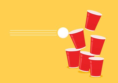 Kırmızı bira bardağı vektörü. Sarı arka planda izole edilmiş kırmızı plastik bardak. Kırmızı plastik parti bardağı..