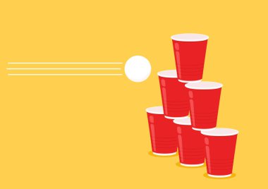 Kırmızı bira bardağı vektörü. Sarı arka planda izole edilmiş kırmızı plastik bardak. Kırmızı plastik parti bardağı..