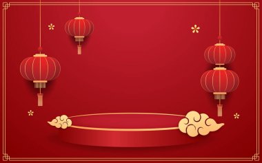 Mutlu Çin Yeni Yılı 2026. Çin yeni yıl afişi. Tebrik kartı. Kırmızı zemin üzerinde fener bulunan Çin çerçevesi.