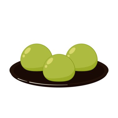 Matcha Mochi. Japon pirinç tatlısı. Geleneksel Japon tatlıları. Tatlı seçenekleri. Sağlıklı tatlı atıştırmalıklarla Düz Vektör illüstrasyonu.
