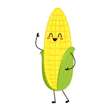 Mısır karikatürü vektörü. Beyaz üzerine izole edilmiş şirin bir sebze vektörü karakteri. Mısır maskotu..