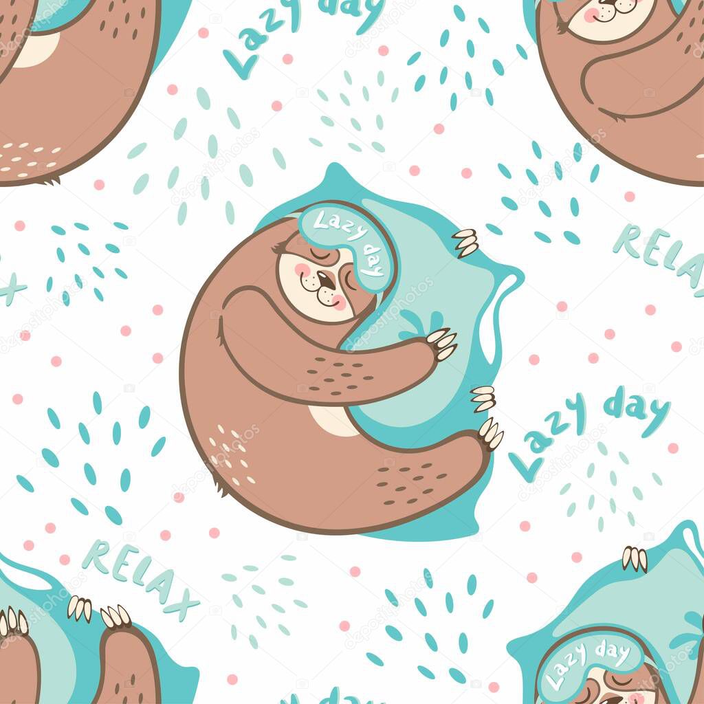 Seamless pattern of sloth bears sleeping on pillows. Vector illustration of sleepy sloths wearing sleep masks in cartoon style. Children's design for printing on textiles, paper, packaging, wallpaper.