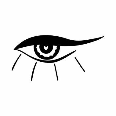 Gözlerin minimalist bir şekilde vektör illüstrasyonu. Kalbi gözbebeğinde, uzun kirpikleri var. Beyaz arkaplanda siyah ve beyaz göz izole edilmiş..