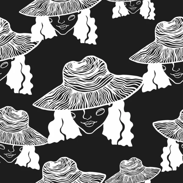 矢量无缝图案轮廓一个戴帽子的女孩的肖像 纺织品 包装材料 墙纸印刷用黑色背景图案上的一行一行画 — 图库矢量图片