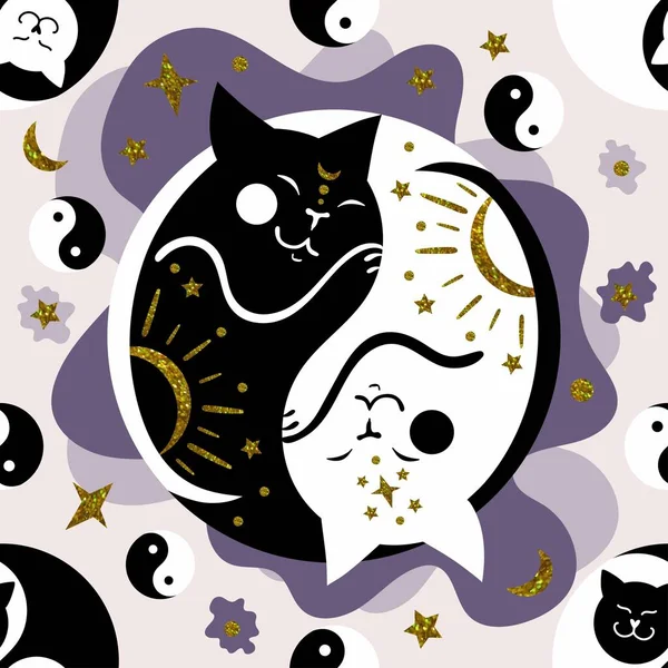 Vector Seamless Pattern Cats Yin Yang Black White Cat Sleep Illustrazioni Stock Royalty Free