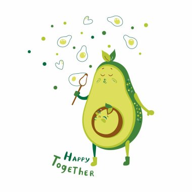 Kemik köpüklü komik avokadonun vektör çizimi. Birlikte harf yazmaktan mutlu. Tasarım beyaz bir arkaplanda izole edilmiştir..