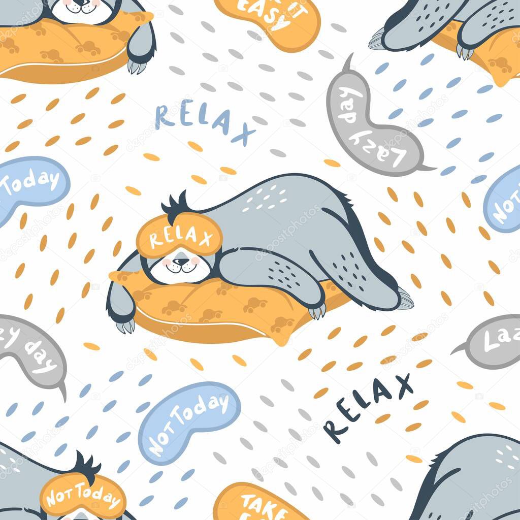 Vector seamless pattern sleeping bears sloths. Sloth bears on pillows wearing sleep masks. Design for printing on textiles, children's clothing, paper, wallpaper, packaging.