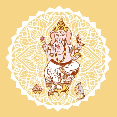 Hinduizm Tanrısı Ganesha 'nın temsilcisi. Çok kollu tanrı Ganesha fil kafalı tahtta oturuyor. Ganesha 'ya adaklar.