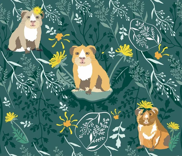 Vector Seamless Pattern Guinea Pigs Wild Herbs Cute Pet Guinea — Stockvector