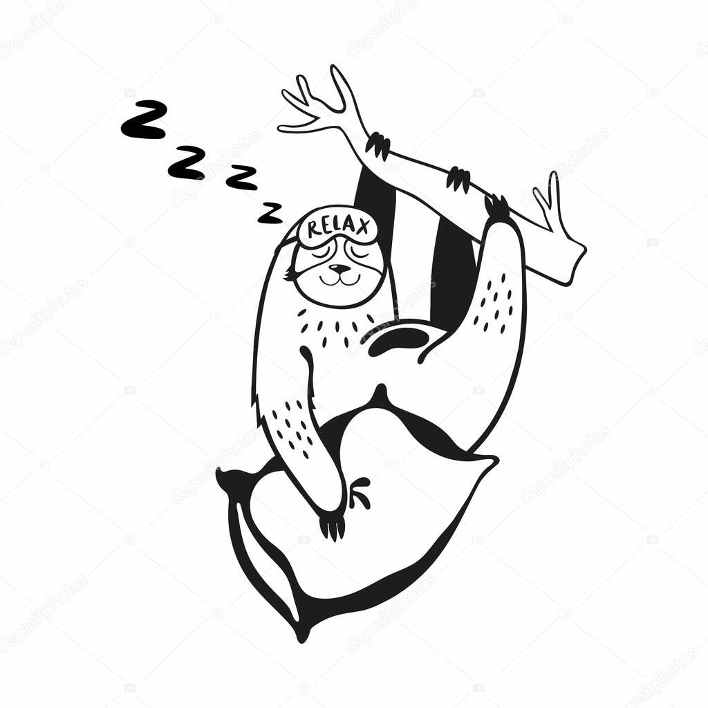 Vector black and white illustration of a sloth bear hanging on a branch with a pillow. Sloth in a sleep mask. Concept for children's clothing, textiles. Lazy sleepy bear isolated on white background.