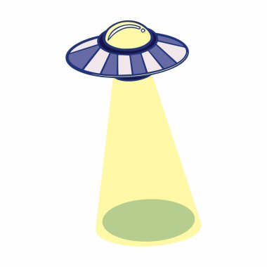 Bir uçan dairenin vektör çizimi, bir uzay gemisinden parlak bir ışık. UFO, uzaylılar, tanımlanamayan uçan cisim beyaz arka planda izole edilmiş..