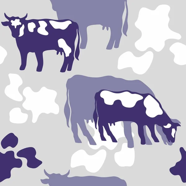 用紫丁香色表示的斑点奶牛的病媒无缝图案 奶牛在草地上吃草 纺织品 包装材料 壁纸印刷设计 — 图库矢量图片