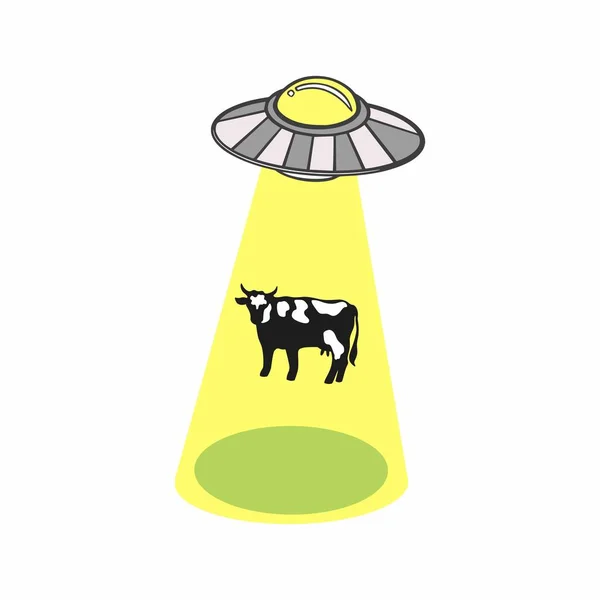 飞碟的矢量图解绑架了一头奶牛 Ufo 外星人 在白色背景下被隔离的不明物体 — 图库矢量图片