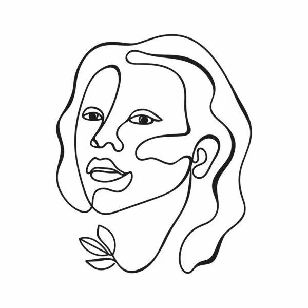 病媒用树叶以一种线条的艺术风格描绘妇女的脸 纺织品 卡片的线条艺术 漂亮的女人脸 — 图库矢量图片