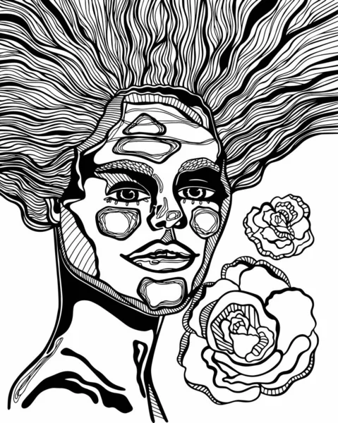 一个女人的矢量肖像与玫瑰的线条艺术风格 在白色背景上画有黑线的艺术图画 用于在T恤衫 明信片 包装上印刷 — 图库矢量图片