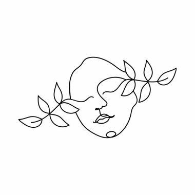 Çizgi sanat portresi yüzünün vektör çizimi. Yüzü kapalı, gözleri yapraklarla çevrili. Beyaz arkaplanda izole edilmiş bir çizgi.