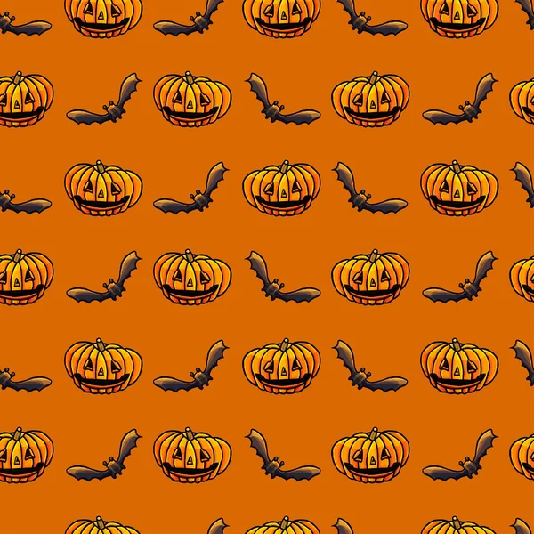 Seamless Pattern Pumpkin Bat Orange Background — Stock Photo, Image
