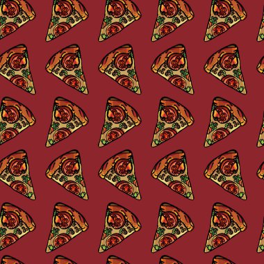 Kusursuz arka plan, tekstil, desen, kıyafet, duvar kağıdı, kumaş, kumaş, pizza, vektör, patten, hediye kağıdı, tipografi, kırmızı arka planda pizza dilimleri, çizgi film tarzı, pizza margarita, peynir, domates, pizzacı, kafe, lezzetli, 