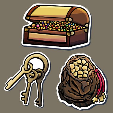 Korsan stili çıkartmalar, anahtarlar, sandık, para çantası, altın, karikatür tarzı, çocuklar için, düz stil, anahtarlık, hazine, servet, buluş, macera, hazine adası, bul, ara, çocuklar için, korsan, çıkartmalar