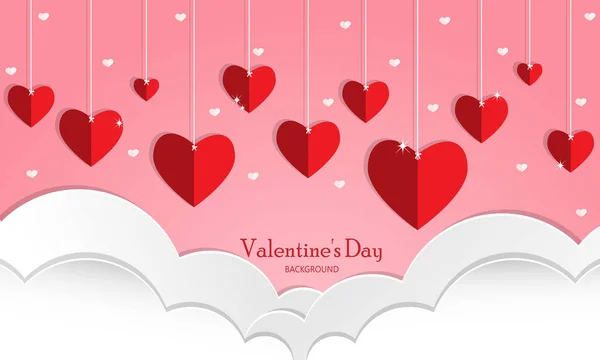 Valentinstag Hintergrund Aus Roten Papierherzen Geschnitten Hängen Rosa Himmel Und — Stockvektor