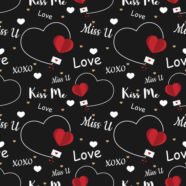 Sevgililer Günü 'nde kalp şeklinde kusursuz balon desenleri aşk dolu bir zarf asar, Bayan U, beni öper ve siyah arka planda minik kalpler olan Xoxo metni. Aşk ve Sevgililer Günü kavramı. Vektör illüstrasyonu.