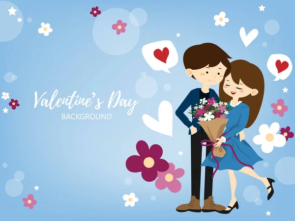 Valentines Day Background Cute Couple Received Beautiful Bouquet Happy Moment — Stock Vector
