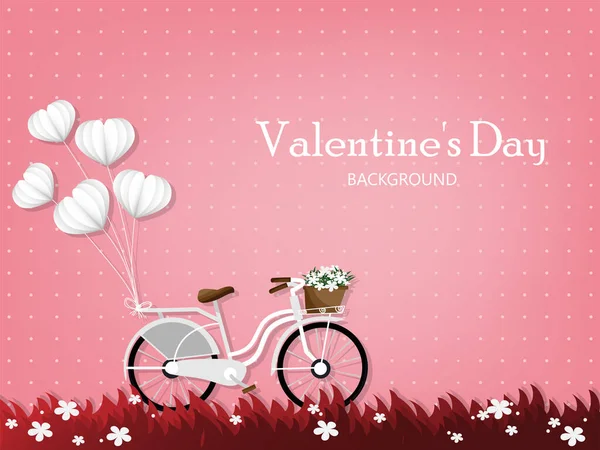 Sevgililer Günü Arka Planında Sepeti Bahar Çiçekleriyle Dolu Beyaz Bisiklet — Stok Vektör