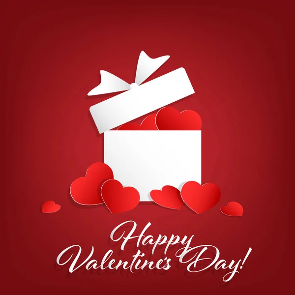 Valentinstag Hintergrund Aus Rotem Papier Herzen Einer Weißen Geschenkbox Und — Stockvektor