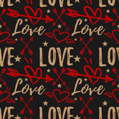 Sevgililer Günü 'nde siyah arkaplanda karalama kalp, ok, yıldız ve aşk metinleri var. Sevgililer Günü konsepti için tasarım. Vektör illüstrasyonu.