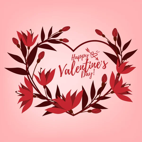 Den Svatého Valentýna Pozadí Roztomilých Květin Větví Kolem Srdce Rám — Stockový vektor