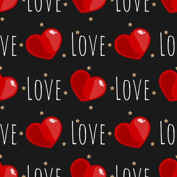 小さな星と黒の背景に白い色の愛のテキストと赤の心のバレンタインデーのシームレスなパターン ベクターイラスト — ストックベクタ