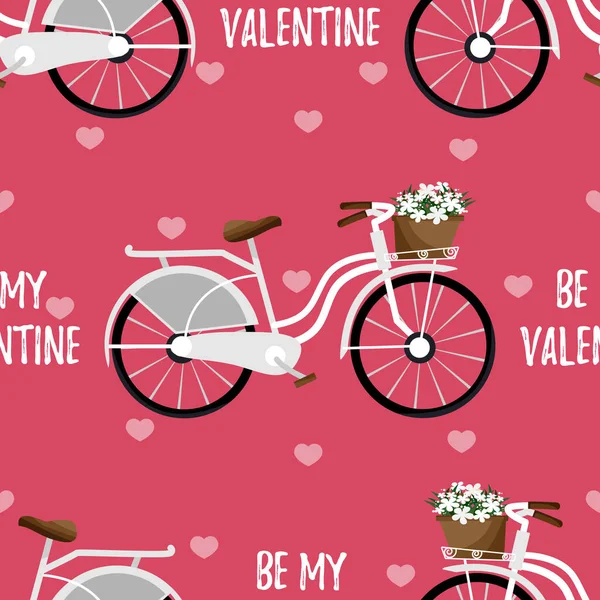 Valentine Day Seamless Pattern Cute Bicycle White Flowers Basket Tiny — Stock Vector