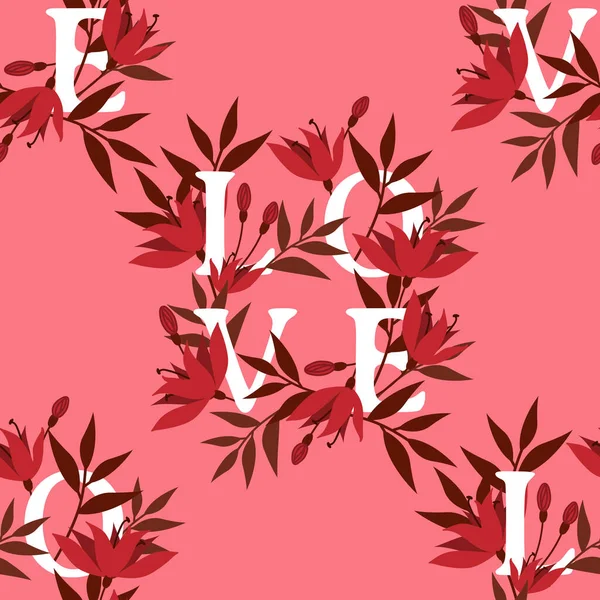 バレンタインデーのピンクの背景にLoveテキストの周りに赤い花の枝のシームレスなパターン バレンタインデーのコンセプトのためのデザイン ベクターイラスト — ストックベクタ