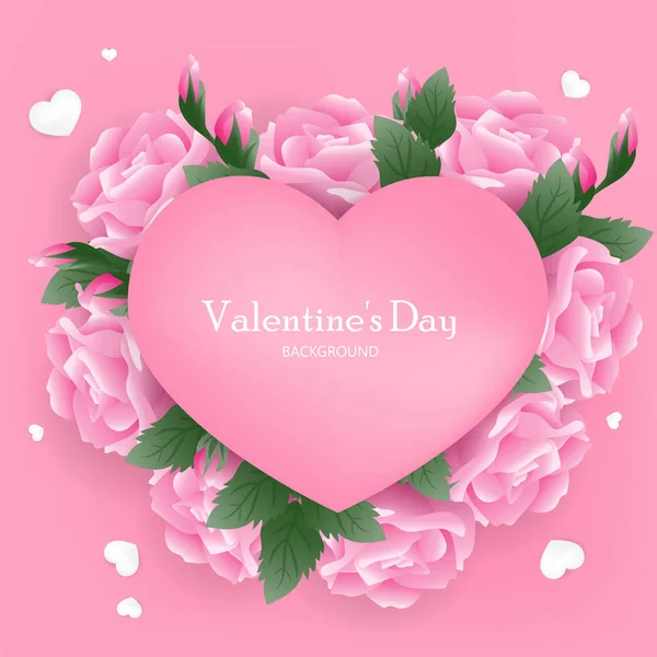 Valentijnsdag Achtergrond Van Roze Rose Takken Rond Roze Hart Frame — Stockvector