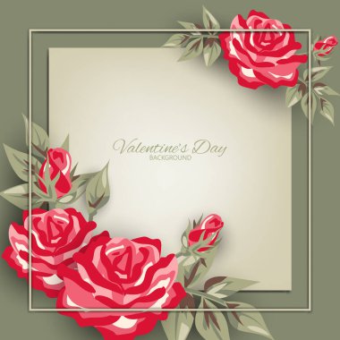 Yeşil arkaplandaki kopya alanınız için açık yeşil çerçeveli kırmızı gül çiçeklerinin Sevgililer Günü arkaplanı. Parti için davetiye, tebrik kartı ya da afiş için aşk tasarımı kavramı. Vektör illüstrasyonu.